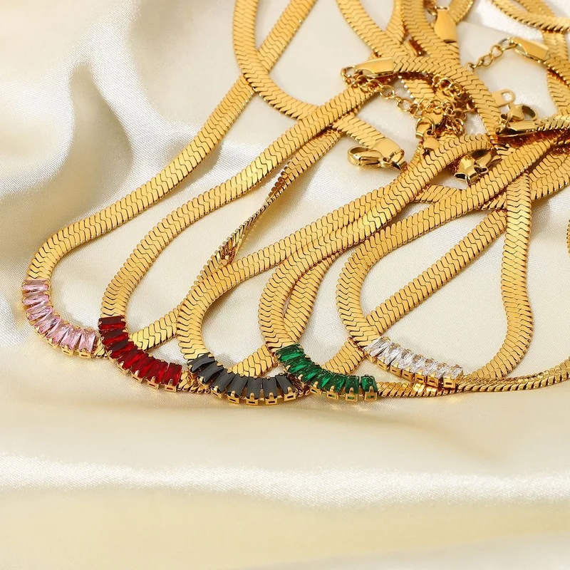 

Fashion Design 18k Gold Plated Stainless Steel Snake Chain Necklaces for Women Minimalist Colored Zircon Choker Necklaces