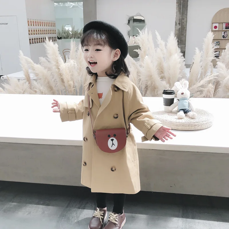 

Girls' Spring and Autumn Trench Coat Children Double-Breasted Casual Coat Top Mid-Length Fashionable Coat Children's Trench Coat