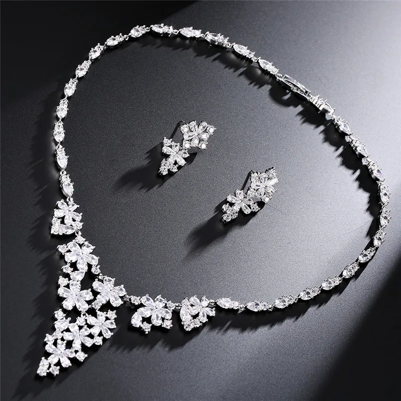 

RAKOL Shiny Flower Cubic Zirconia African Dubai CZ Necklace Earrings Wedding Bridal Dress Accessories Jewelry Sets For Women