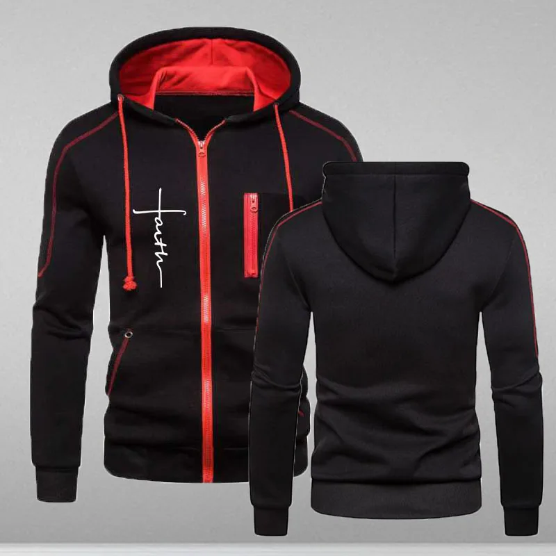 

New Autumn and Winter Men's New Faith Letter Print Hooded Drawstring Casual Fleece Hooded Zipper Solid Color Jacket
