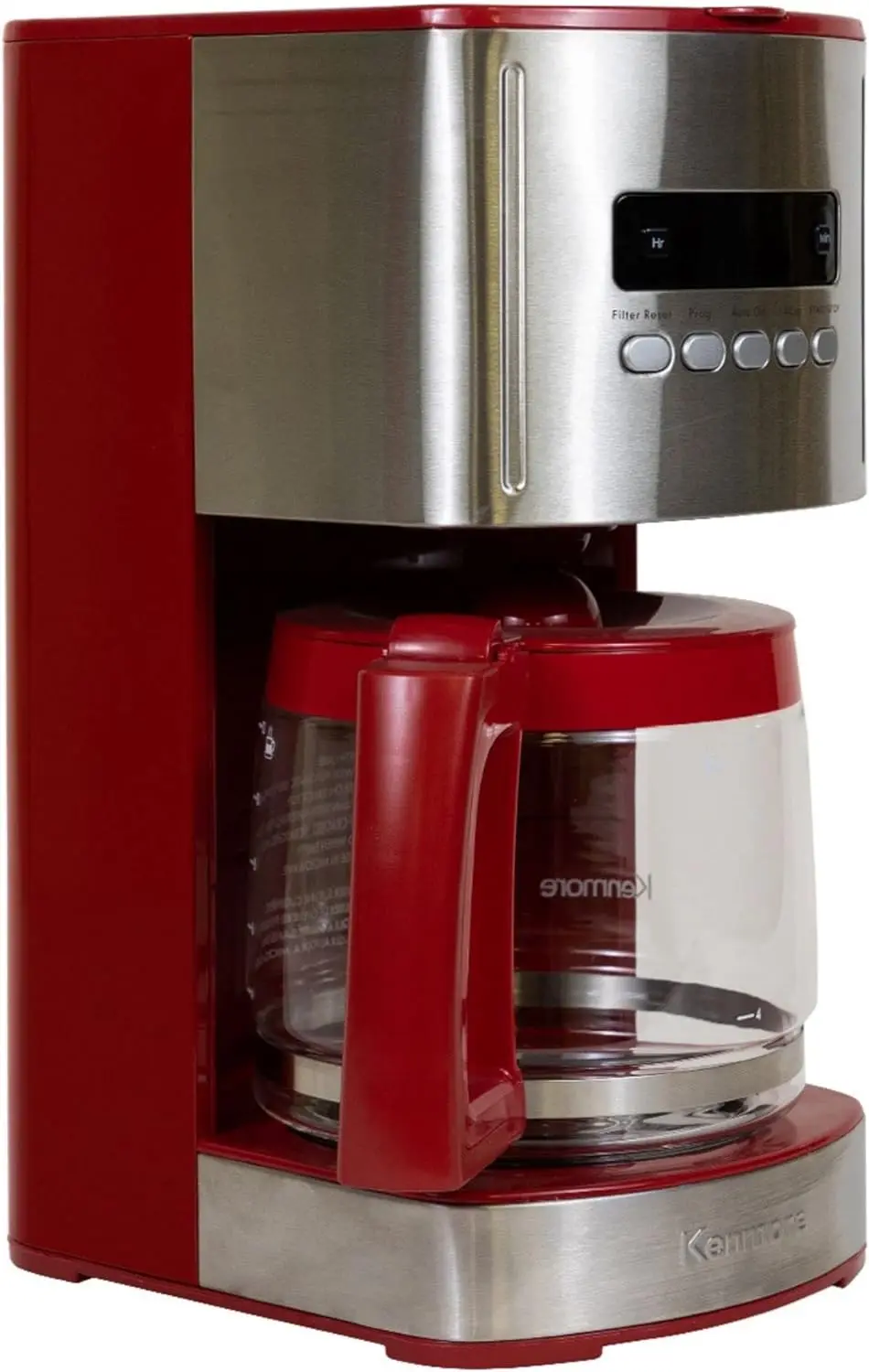 

12-Cup Programmable Maker, Red and Stainless Steel Drip Machine, Glass Carafe, Reusable Filter, Timer, Digital Display Charcoa