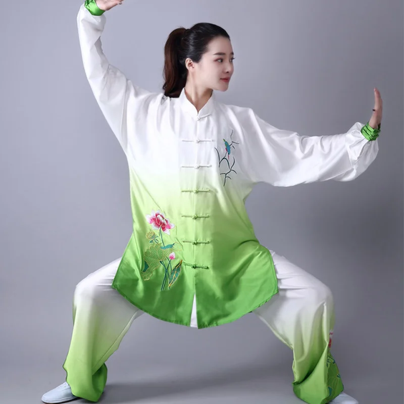 3PC Women Traditional Chinese Embroider Flower Long Sleeve Wushu TaiChi KungFu Uniform Suits Uniforms Tai Chi Exercise Clothing