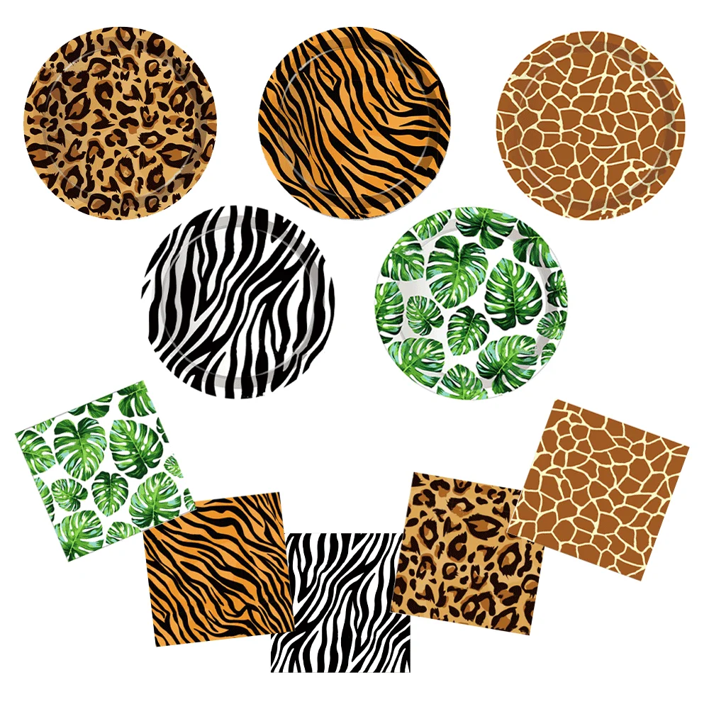 

1Set Woodland Animals Flagbanner Tiger Deer Leopard Print Napkins Dinner Plates Jungle Safari Birthday Decor Boys Wild One Party