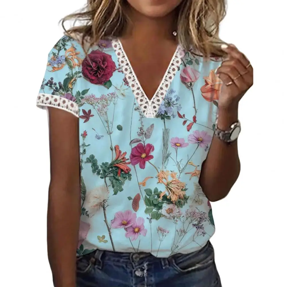 

Women T-shirt Thin Summer Tops V-neck Floral Print Summer Tee Shirt Streetwear