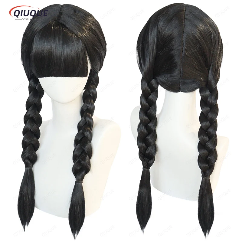 

Movie The Addams Family Wednesday Addams Cosplay Wig Long Black Braids With Bangs Heat Resistant Synthetic Wig + Free Wig Cap