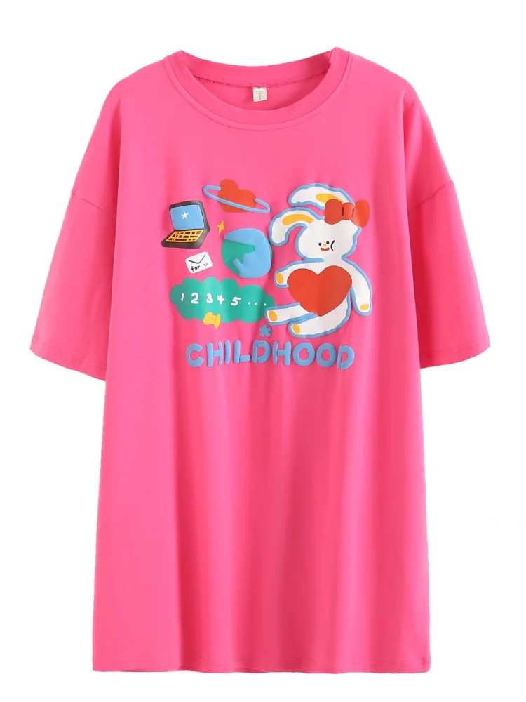 

Women T-shirts 2022 Summer Short Sleeve O Neck Loose Long Tees Fun Cartoon Rabbit Print 100% Cotton Casual Tops