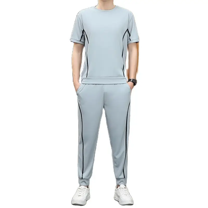 New Korean Fashion Trend Men'S Sports Suit Men'S Two-Piece Set Youth Round Neck Short Sleeve Trousers Casual 110Kg Loose Suut