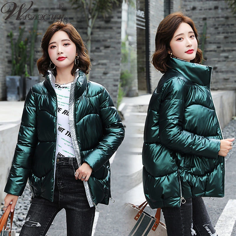 Women Stand Winter Puffer Jacket Glossy Warm Fluffy Cotton White Duck Down Parkas Ladies Long Sleeve Pocket Solid Casual Outwear