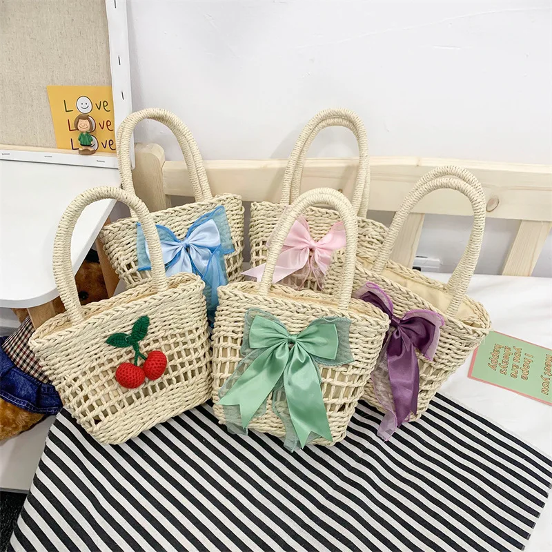 

Повседневные сумочки для девочек, ажурные соломенные тоуты с бантом/вишней в стиле пэчворк, для кемпинга, сумки с ручками сверху