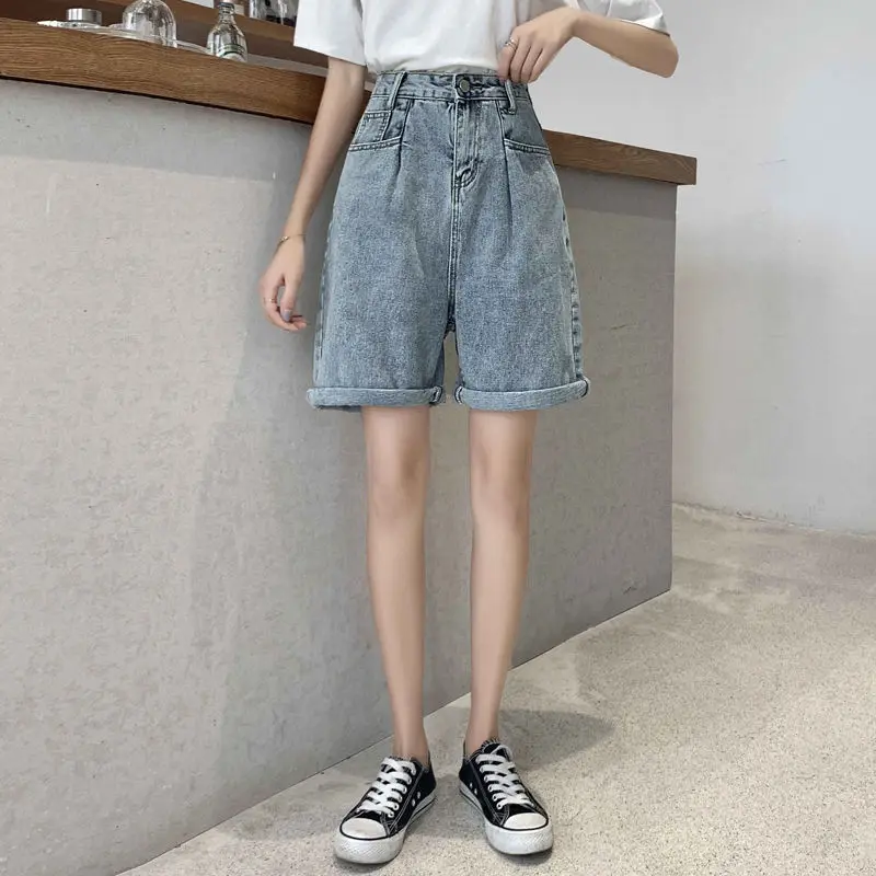 Bermuda Women's Shorts Denim Half Pants Y2K High Waist Long Cute Casual Biker Wide Baggy Korean Jean Shorts Woman Summer Fashion