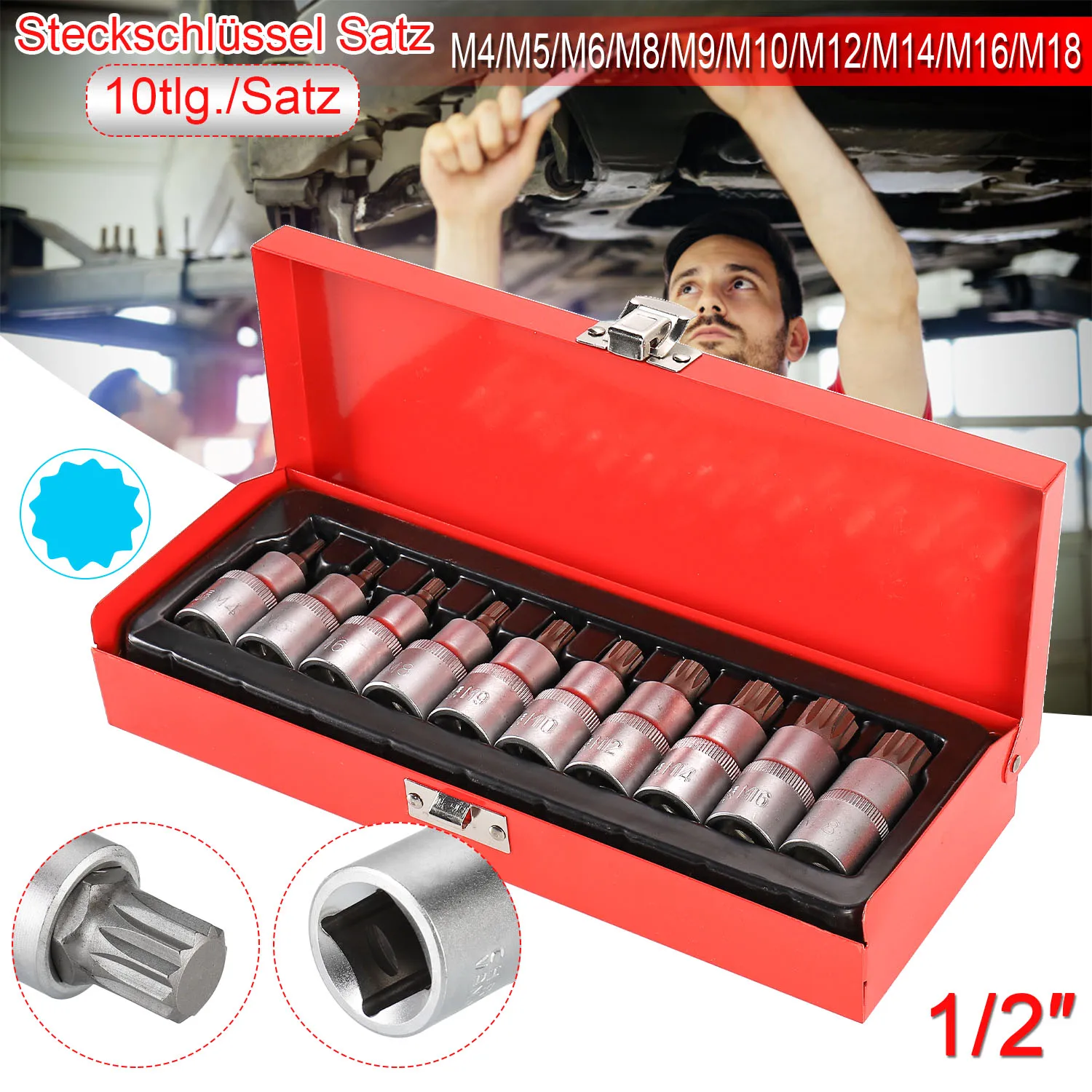 

Socket Screwdriver Bit Set Multi-tooth Sockets 1/2" Drive Square Head Sleeve Set M4 M5 M6 M8 M9 M10 M12 M14 M16 Hand Tool