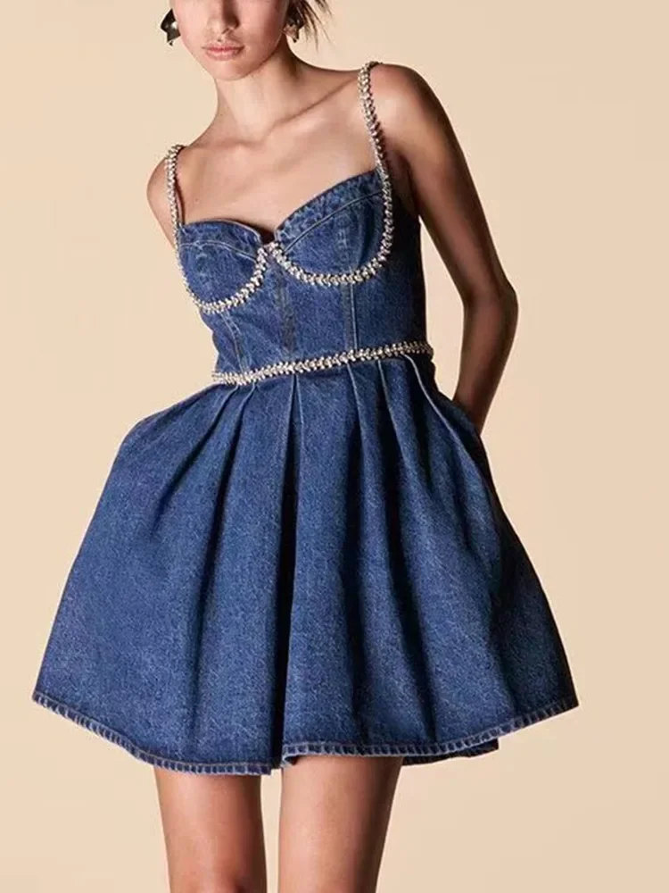 

Denim Sling Dress for Women 2023 New Summer Rhinestone Design Strapless Sweet Sleeveless Mini A-line Robe with Pockets