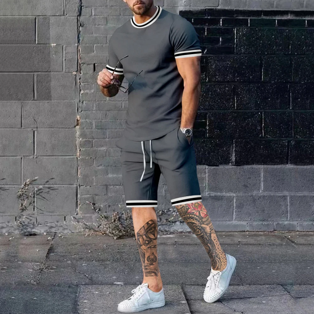 Casual Street Top Suit Men's 2023 Summer New Fashion Simple Solid Color Pullover Round Neck Short-sleeved Shorts Two-piece Set