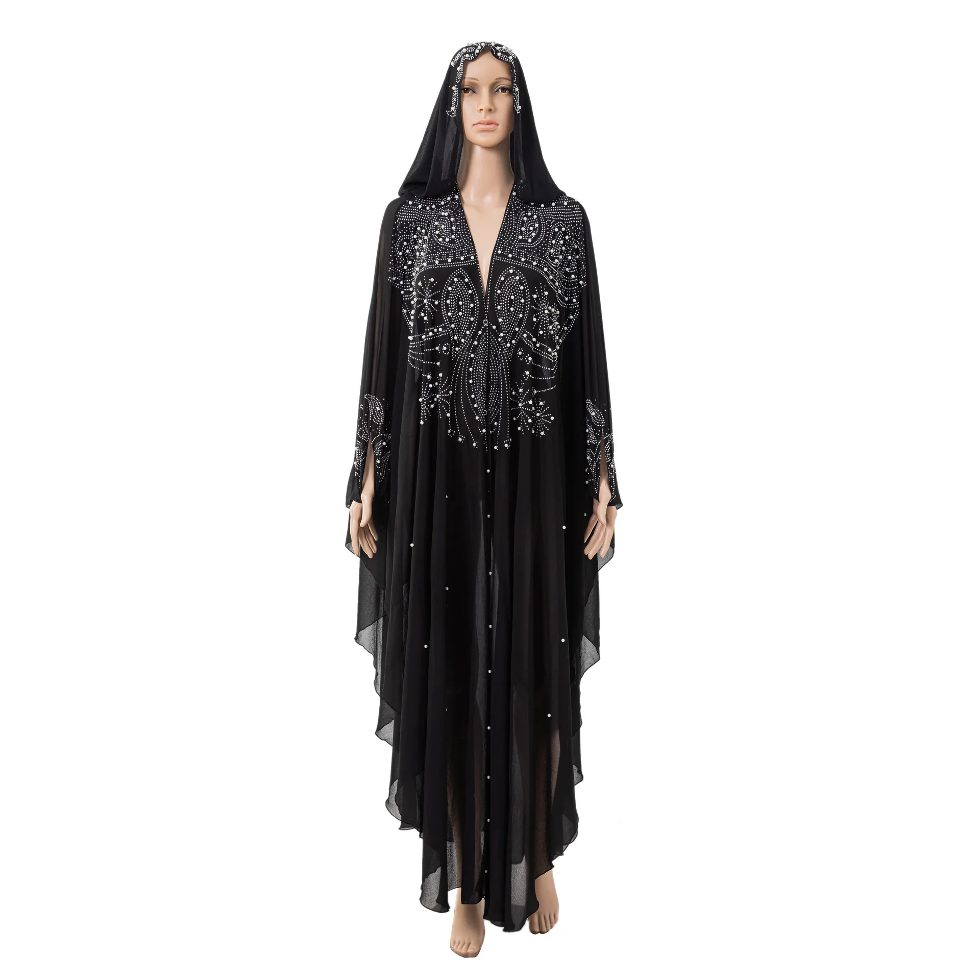 

Wepbel Muslim Abaya Robe Rhinestone Beaded Batwing Sleeve Ethnic Middle East Caftan Dubai Hooded Robe Dress Abaya Kaftan