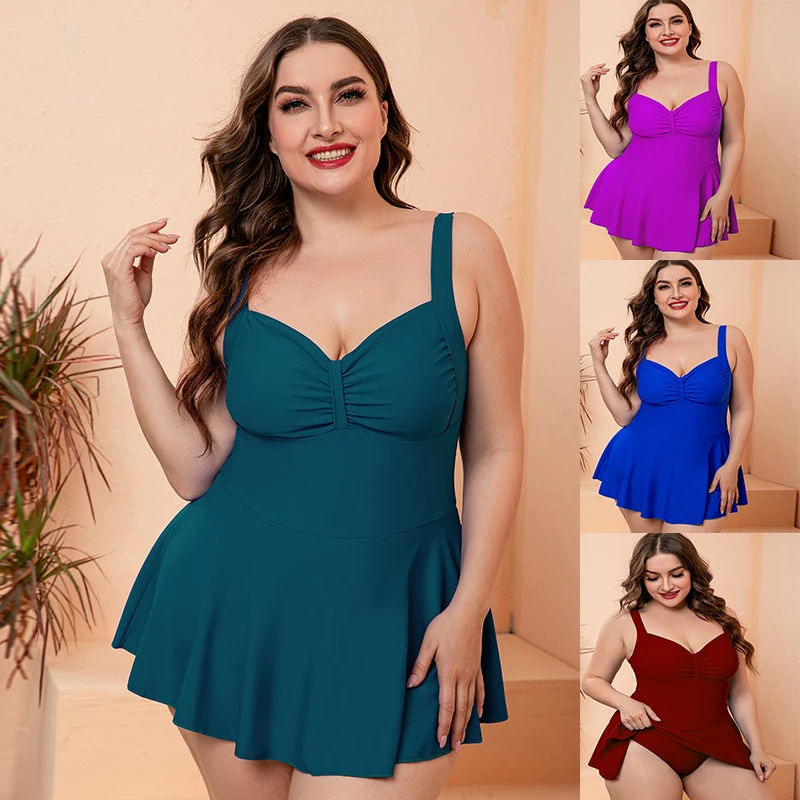 

Large Size Women One Piece Swimsuit Pleated Dress Tank Swimwear Sleeveless