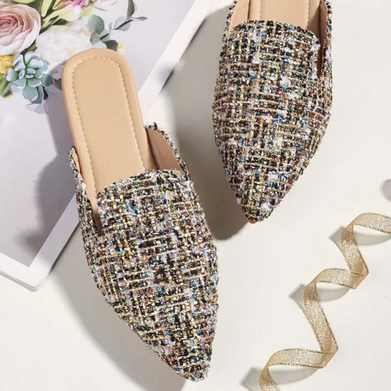 

Women Slippers Spring and Summer Outer Wear Pointed Toe Mules 2022 New Leisure Hemp Lazy Flat Ladies Sandals