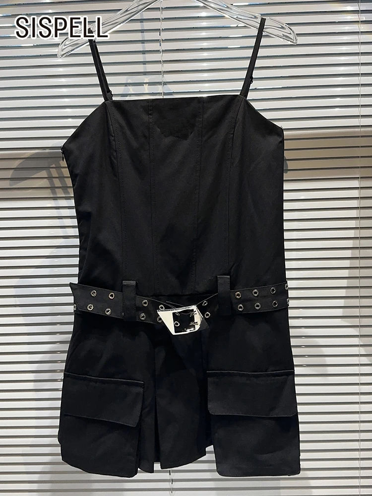

SISPELL Solid Camisole Dress For Women Square Collar Sleeveless High Waist Spliced Belt Folds Casual Mini Dresses Female Fashion