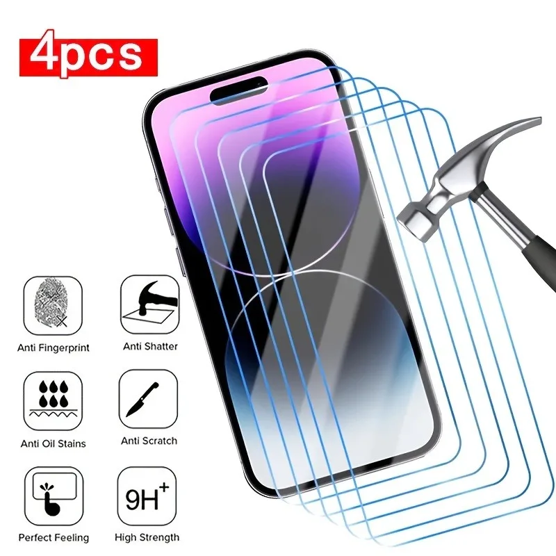 

4Packs Screen Protector For IPhone 14 15 Pro Max 12 13 Mini 9H Tempered Glass For IPhone 11 Pro 7 8Plus XR XS Max