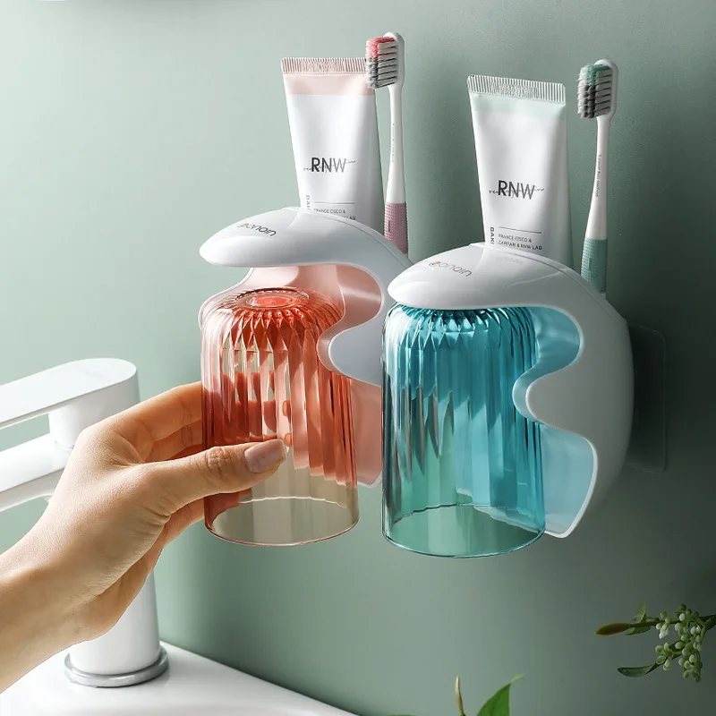 

Toothbrush Holder Storage Toothpaste Razor Bathroom Cup Set Wall Mounted Self-adhesive Toilet Magnetic Toothbrush Cup Organizer