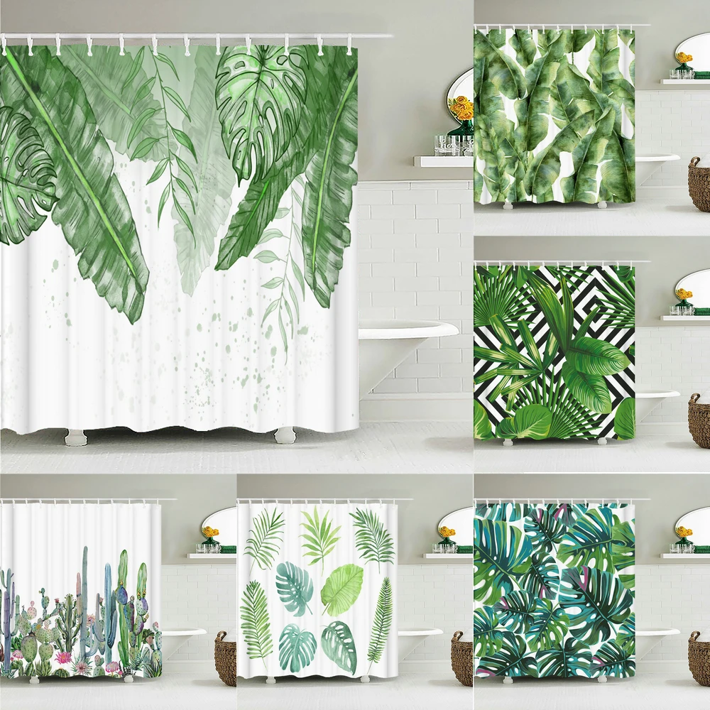 

Водонепроницаемая Штора для душа, занавеска из полиэстера с 3D рисунком зеленых листьев растений, декор для ванной комнаты, с крючками