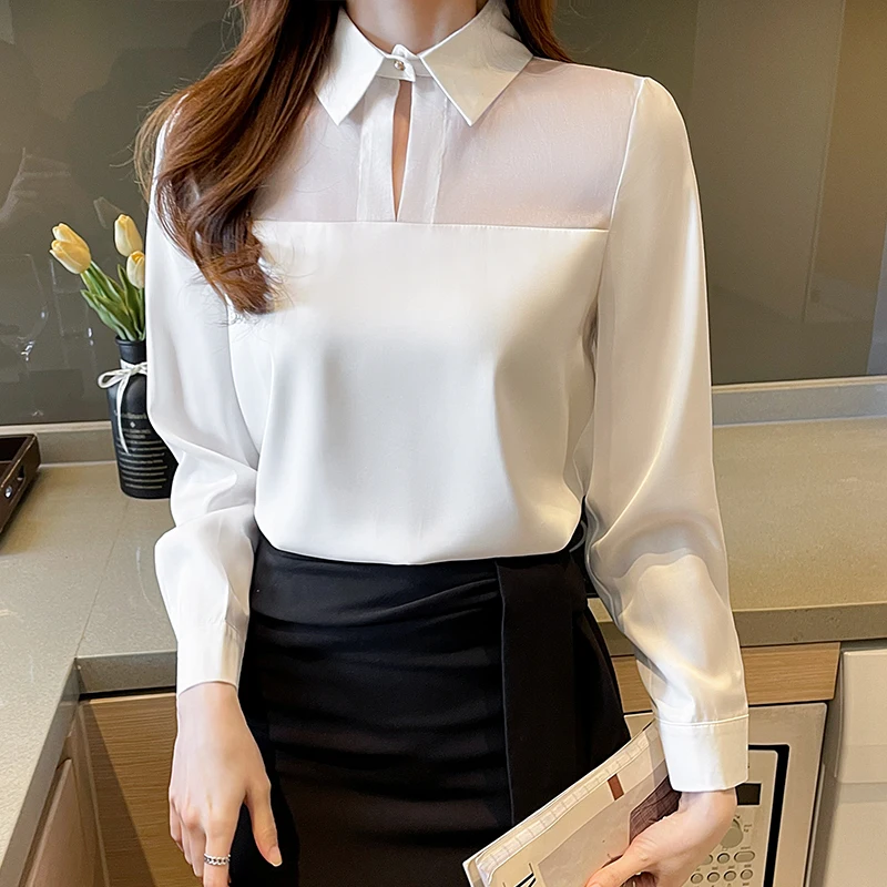 

Autumn Women's Long Sleeved Polo Collar Shirt with Solid Color Patchwork Commuting Chiffon Shirt Camisas Blouse Womens Tops A332