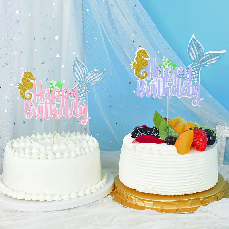 

1pc Mermaid Theme Party Happy Birthday Cake Topper Kids Baby Shower Baking Decoration Supplies Mermaid Seahorse Cake Topper