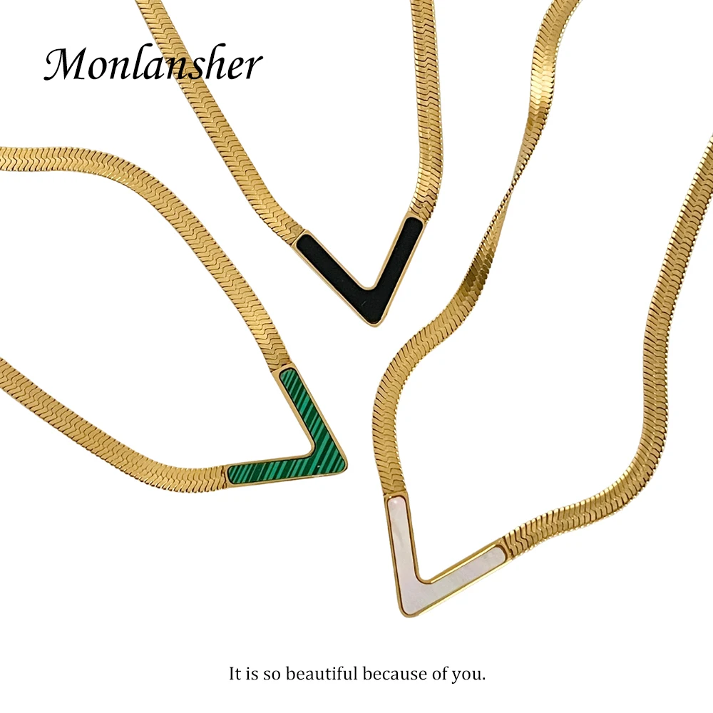 

Monlansher Geometric V Natural Shell Flat Snake Chain Necklace for Women Minimalist Gold Color Stainless Steel Necklaces Jewelry