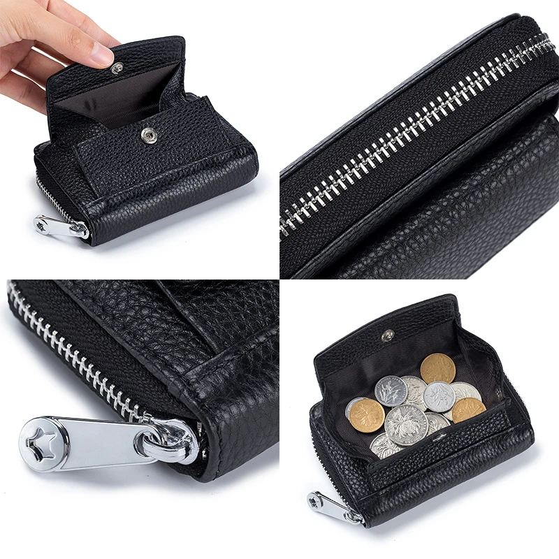 RFID Blocking Unisex Card Holder Genuine Leather Zipper Card Case with Hasp Coin Pocket Women Short Wallet Compact Change Purse