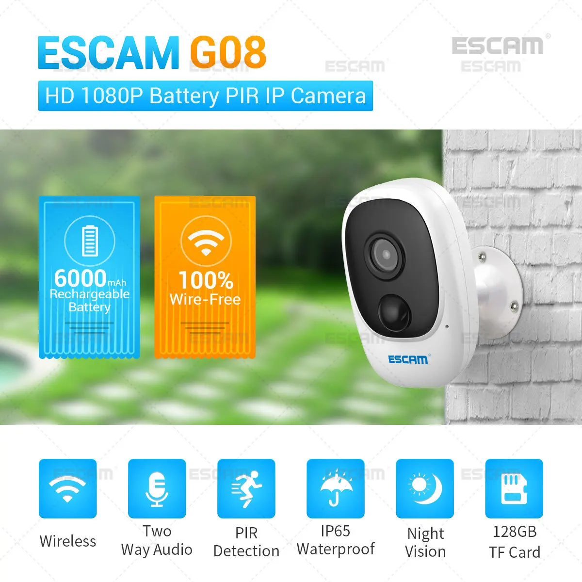 

ESCAM G08 1080P Full HD Outdoor Indoor Rechargeable Battery PIR Alarm WiFi Camera