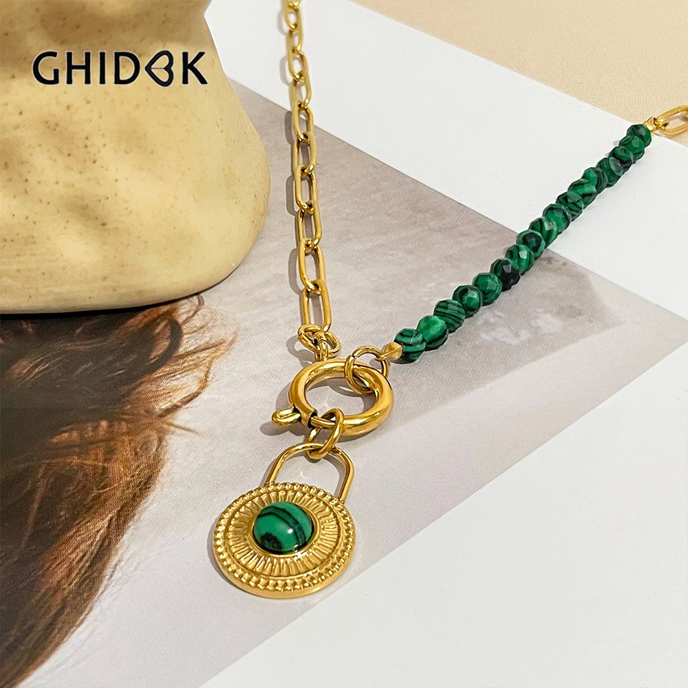

GHIDBK Gold Plated Stainless Steel Paper Clip Chain Natural Stone Beads Chains Necklace Green Color Spherical Pendant Jewelry