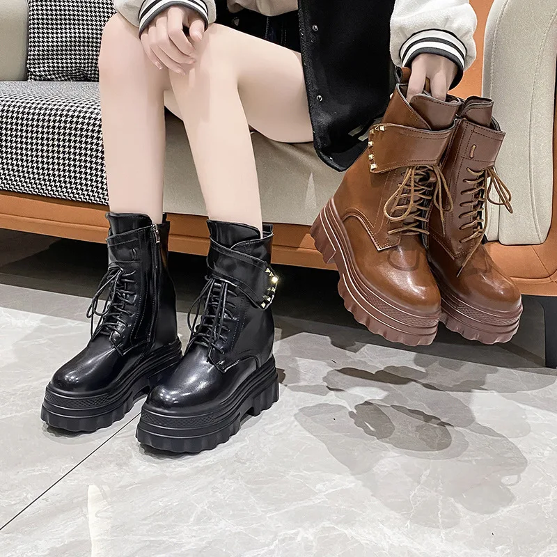 

Thick Heels New Fashion Boots Woman High Platform Autumn Leather Sneakers Rivets Motorcycle Platform Boots