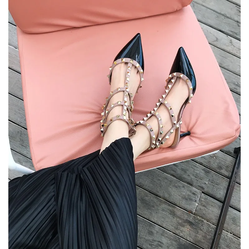2023 Summer Luxury Genuine Leather Women's Sandals High Heels Classic Metal Rivet Pointed Pumps Sexy Wedding Party Shoes 33 - 41