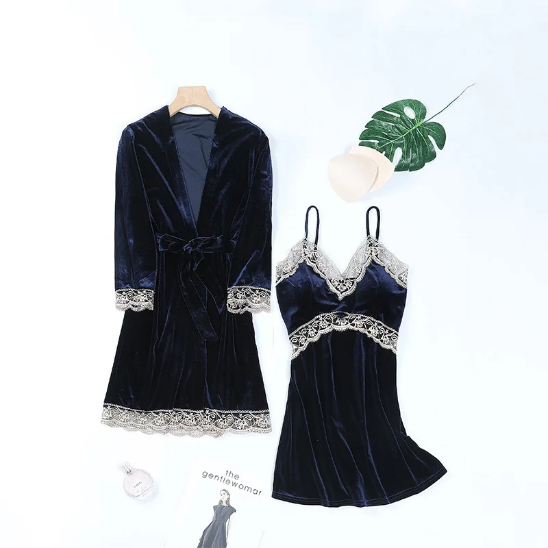 Women's Sleepwear 2 Pcs Sets Velvet Sleepwear Lace Robe Nightgown and Backless V-neck Sleep Dress Pajamas Set