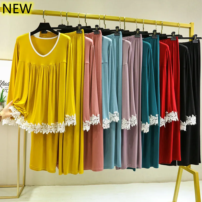 Women's Pajamas Set Modal NEW Soft Casual Sleepwear Set Women Pajama Set Full Sleeves Fashion Lace V-Neck Shirt Pant Homewear