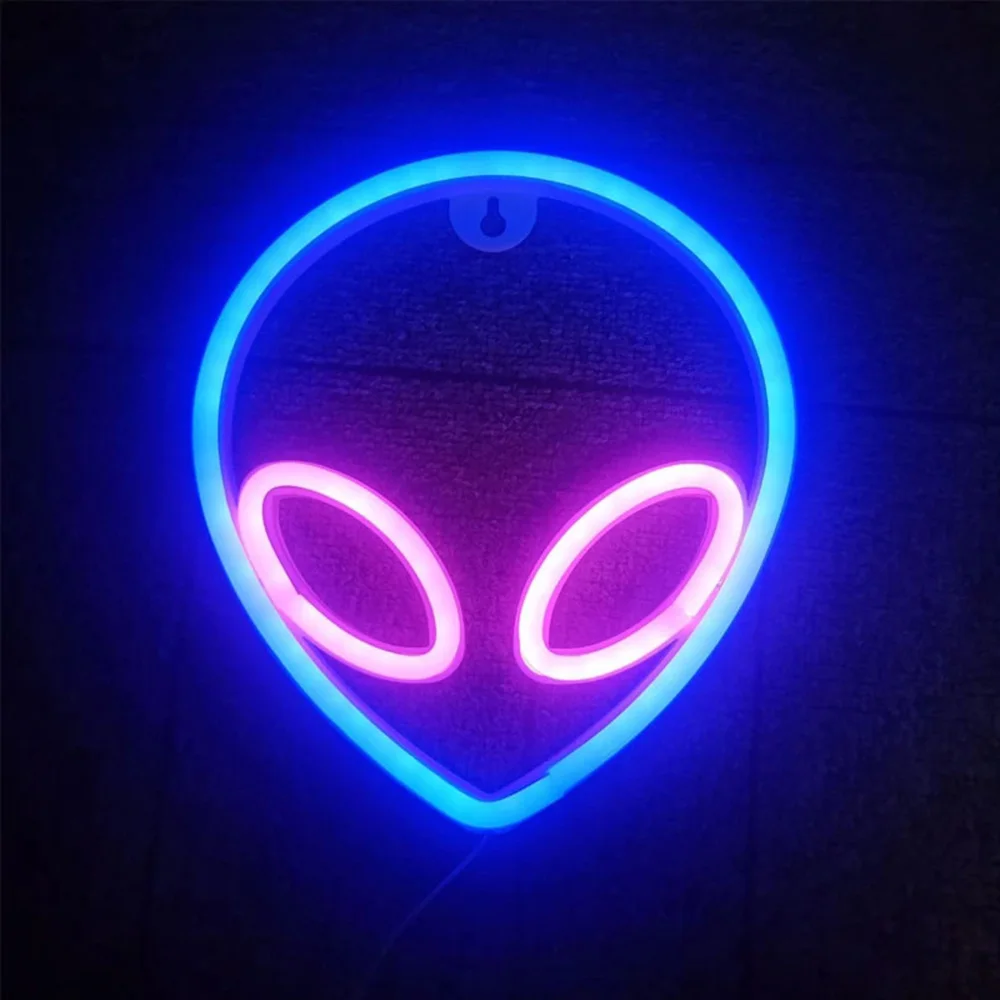 

Neon Sign Alien Face Shaped Wall Hanging Lights for Home Children's Room Saucerman LED Night Lamps Xmas Party Holiday Art Decor