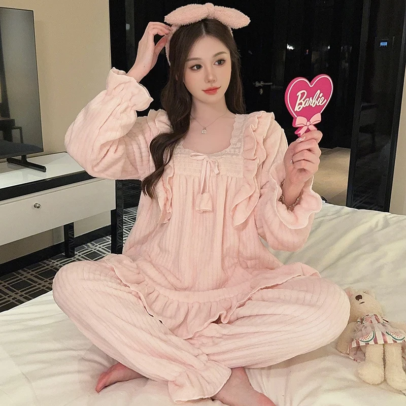 2024 зимние милые кружевные толстые теплые фланелевые пижамные комплекты
