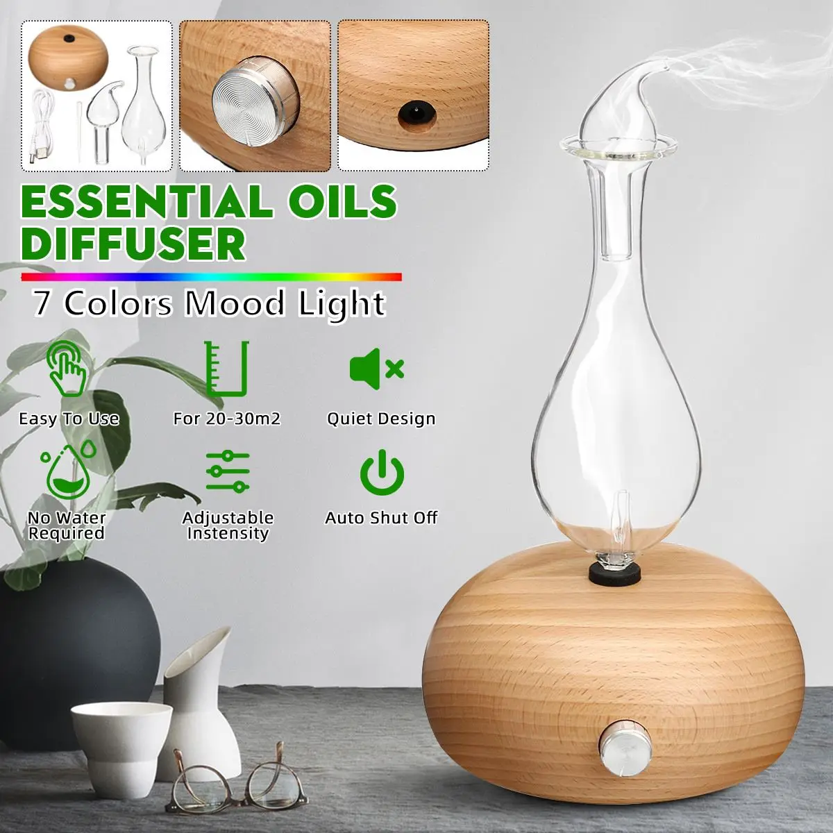 

Деревянный стеклянный диффузор эфирного масла для ароматерапии, увлажнитель воздуха с автоматическим отключением, светильник 7 цветов, хол...