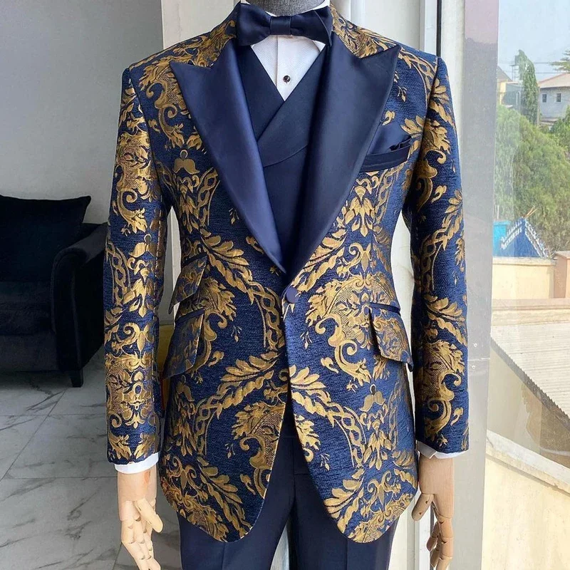 Жаккардовый смокинг для мужчин свадебный приталенный костюм темно-синий золотой