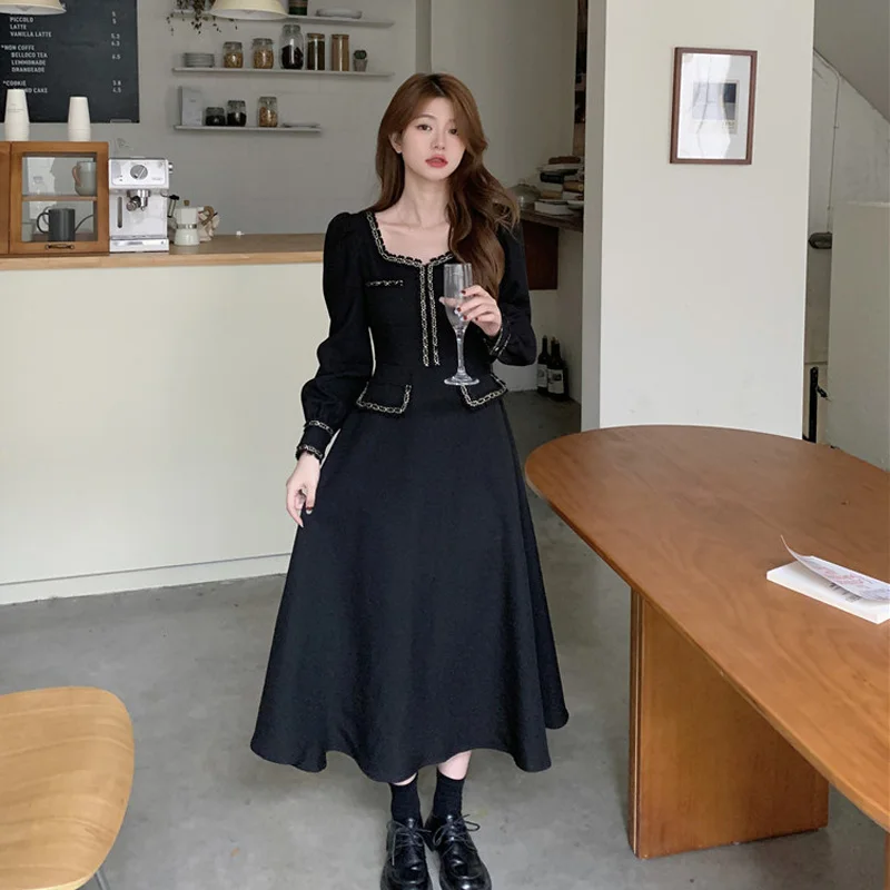 

Осенне-зимние женские элегантные платья, женское облегающее черное платье трапециевидной формы с квадратным воротником и длинным рукавом, ...