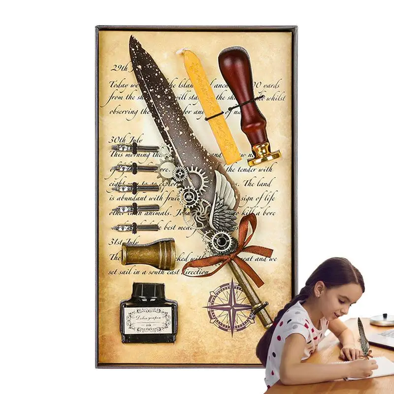 

Calligraphy Pen Set Quill Pen Ink Set Luxury Vintage Signature Pen With Ink 6 Replacement Nibs Pen Stand Base Wax Seal Stamp For