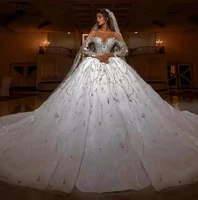 luxury wedding dress long sleeves off shoulder v neck sequins appliques beads lace ruffles bridal gowns plus size robe de mari%c3%a9e