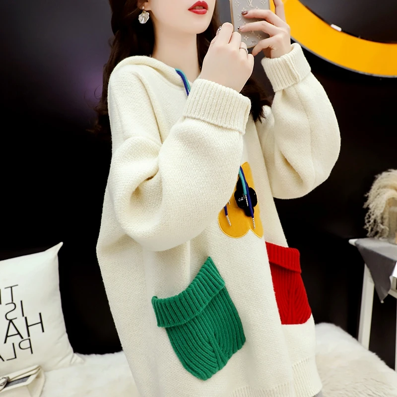 

GAODINGLAN Autumn Winter Large Size Hooded Long Sweaters Thick Color Blocking Versatile Knit Pullover Out Wear Temperament Top