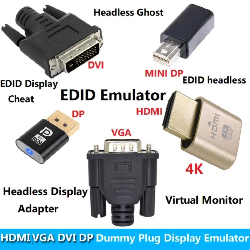 4K HDMI муляж вилки DP VGA DVI Mini DP Φ виртуальный монитор Безголовый адаптер дисплея EDID эмулятор EDID Безголовый