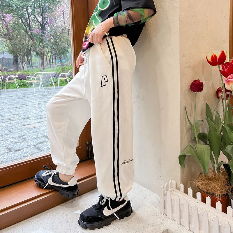 

12 year old Girl Summer Jogger Pants Green White Striped Thin Trousers Fashion Casual Teenager Clothes