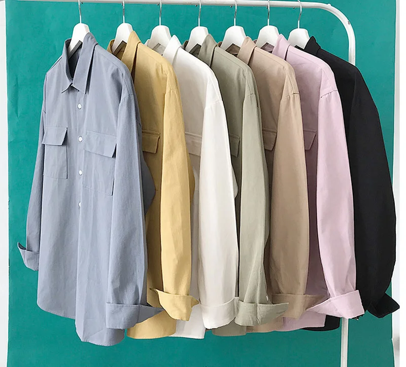 White Shirts Men New Korean Fashion  Cotton Long Sleeved  Casual Men Black Shirt Chest Pockets Mens Dress Shirts