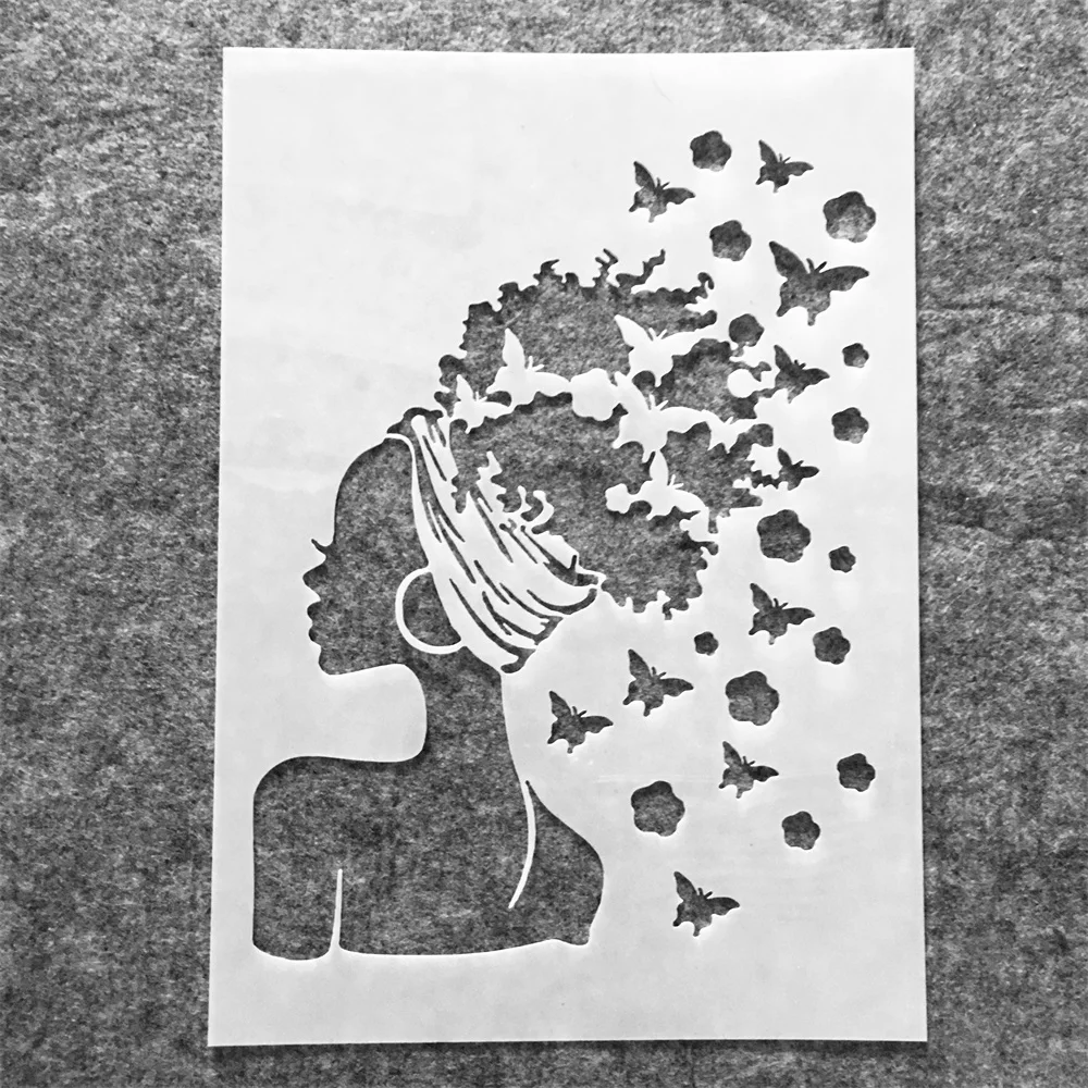 

A4 29cm Fashion Hair Girl Butterflies DIY Layering Stencils Wall Painting Scrapbook Coloring Embossing Album Decorative Template