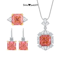 Shipei 925 Sterling Silver Crushed Ice Cut Created Padparadscha High Carbon Diamonds Rings/Earrings/Pendant/Necklace Jewelry Set