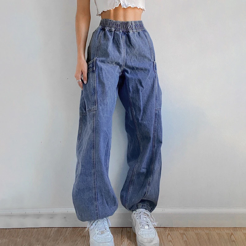 

Summer Fashion Streetwear Denim Trousers Elastic Waist Y2k Mom Jeans Women Straight Jeans Baggy Jeans Ankle Banded Jeans Blue