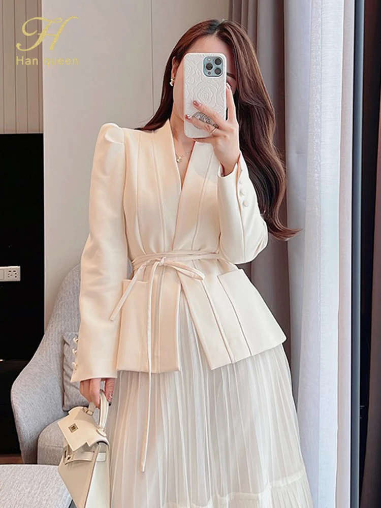 H Han Queen Autumn New Skirt Suit Women Elegant Korean Lace-Up Fashion Blazer + Long Mesh Skirt Casual Evening Party 2-Piece Set images - 6