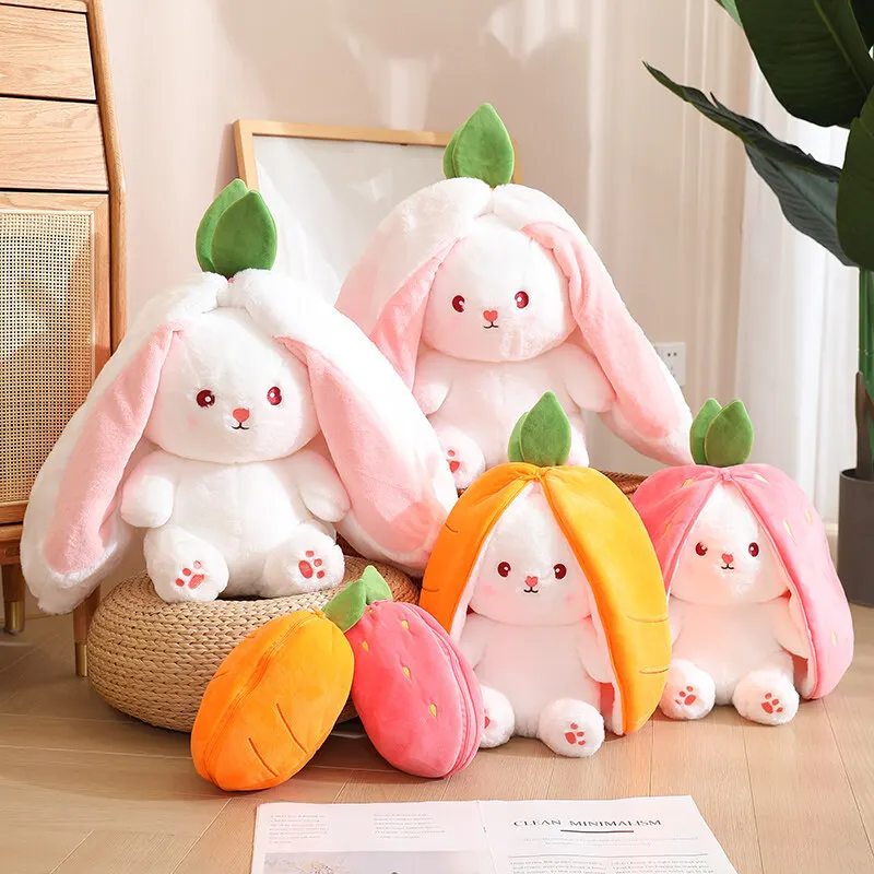 

New Pink White Cute Transformation Rabbit Small Fruit Strawberry Carrot Plush Doll Toy Children Comfort Sleeping Girls Birthday